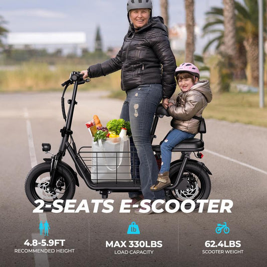 Two people riding a two-seats electric scooter with a basket full of groceries on a road.