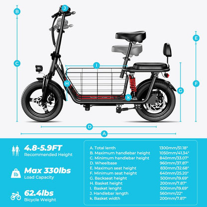 C3 Folding Electric Scooter with Seat & Basket – 850W Peak Motor | 35 km/h | 40 km Range | Dual Suspension | Up to 150 kg Load